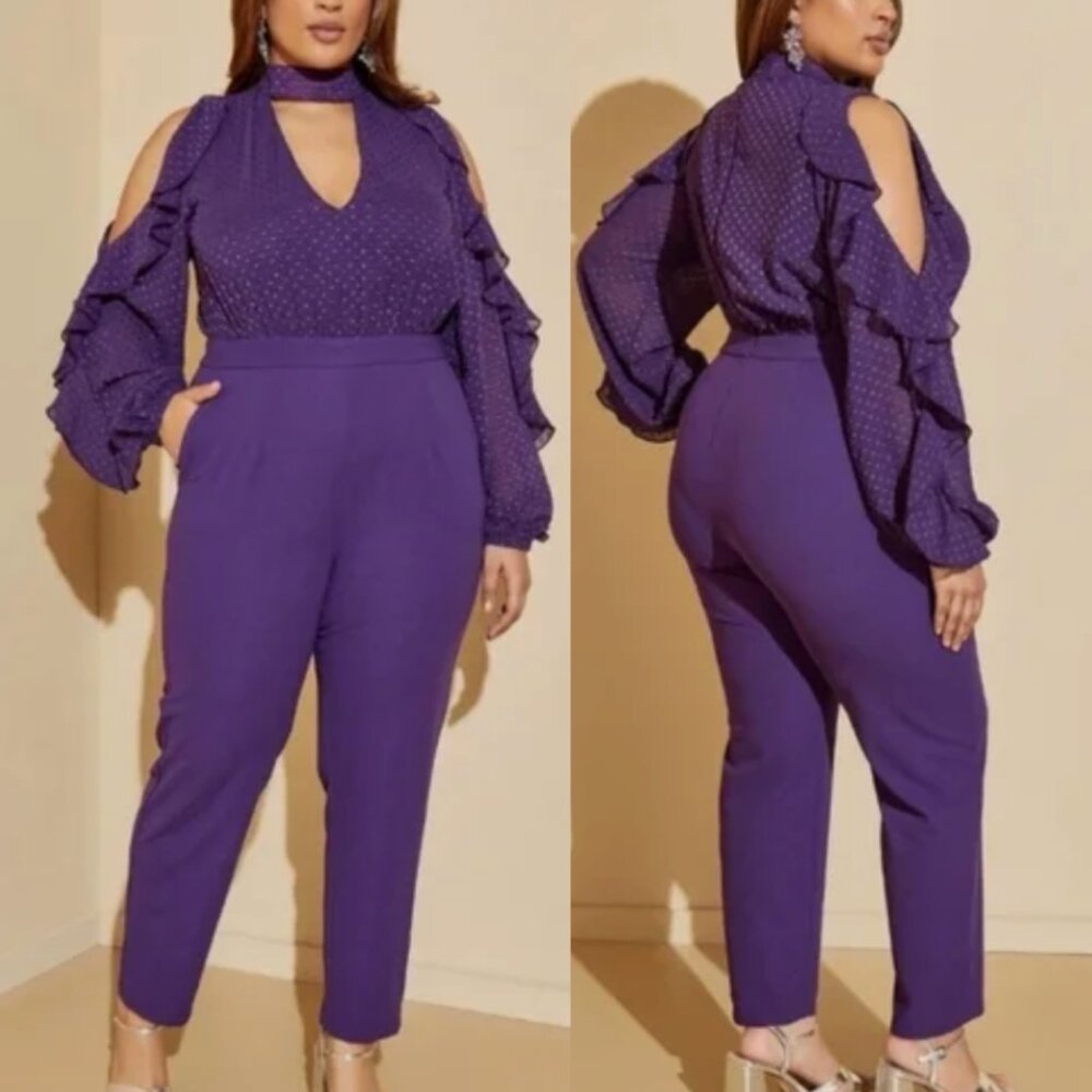 NEW NWT ASHLEY STEWART Plus Size Cutout Ruffle Jumpsuit Purple Long Sleeve Party